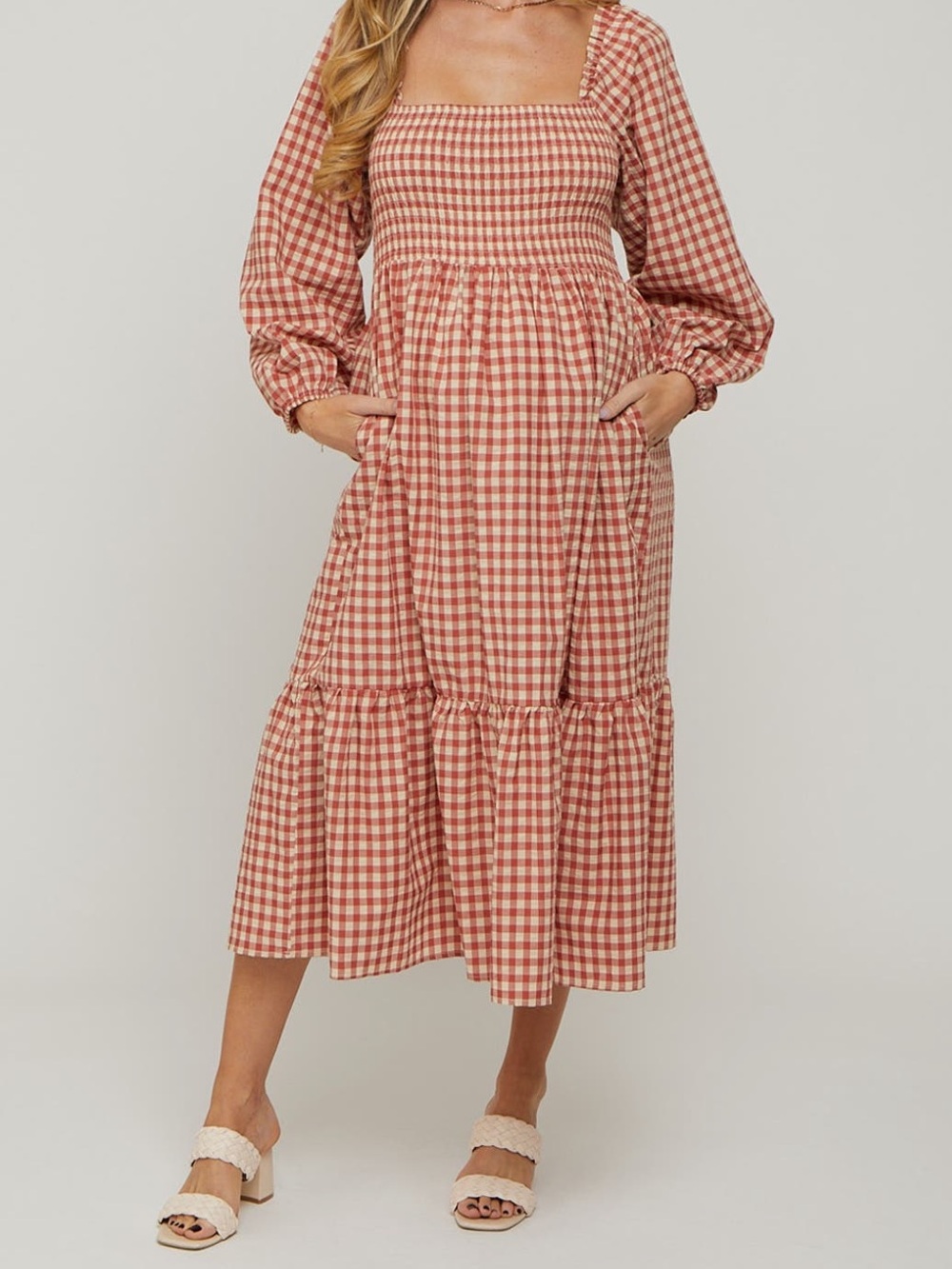 Pink Blush Maternity Gingham Long Sleeve Midi Dress - Picture 3 of 4